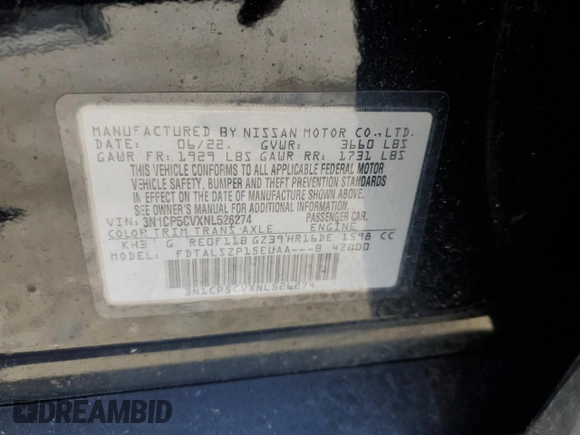 2022 Nissan Kicks SV with VIN 3N1CP5CVXNL526274, listed as a Copart auction lot 50654805 with 78,185 mi miles and Salvage Title. Bid and sale history available at carsss.com. Image 15.