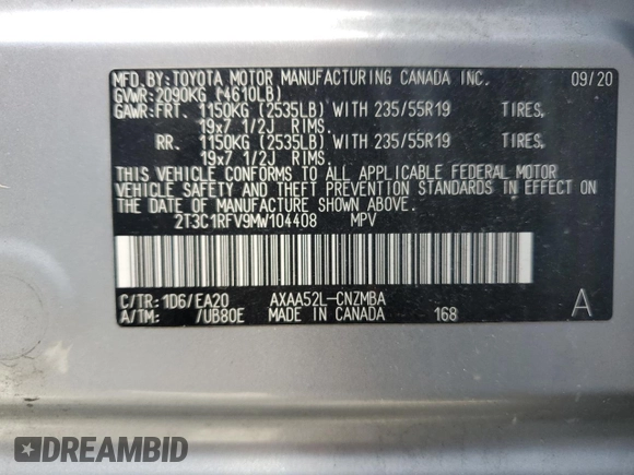 2021 Toyota RAV4 XLE Premium z VIN 2T3C1RFV9MW104408, wystawiony jako Copart lot #64117035 z przebiegiem 54 946 mil mil oraz Szkoda całkowita • Salvage title. Historia ofert i sprzedaży dostępna na DreamBid. Obrazek 14.