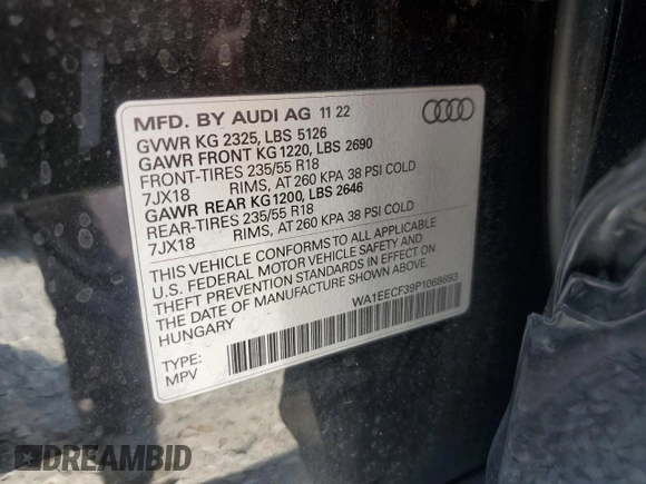 2023 Audi Q3 S line Premium Plus with VIN WA1EECF39P1068693, listed as a Copart auction lot 58210425 with 29,088 mi miles and Salvage title. Bid and sale history available at DreamBid. Image 13.