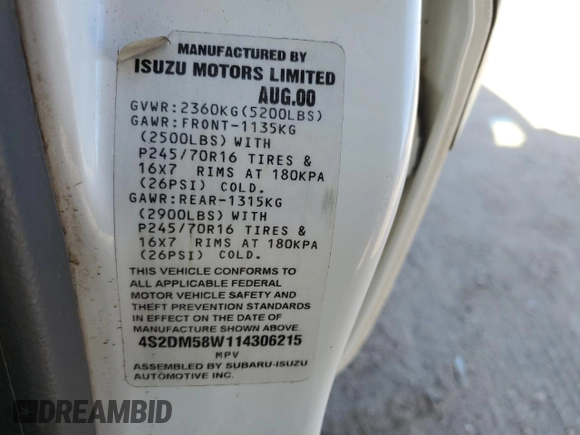 2001 Isuzu Rodeo S z VIN 4S2DM58W114306215, wystawiony jako Copart lot #85287914 z przebiegiem 157 844 mil mil oraz Szkoda całkowita • Salvage title. Historia ofert i sprzedaży dostępna na DreamBid. Obrazek 14.