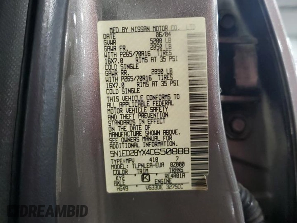 2004 Nissan Xterra XE with VIN 5N1ED28YX4C650888, listed as a Copart auction lot 57151695 with 142,210 mi miles and Salvage title. Bid and sale history available at DreamBid. Image 13.