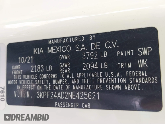 2022 Kia Forte LXS z VIN 3KPF24AD2NE425621, wystawiony jako IAAI lot #41865432 z przebiegiem 14 245 mil mil oraz . Historia ofert i sprzedaży dostępna na DreamBid. Obrazek 9.