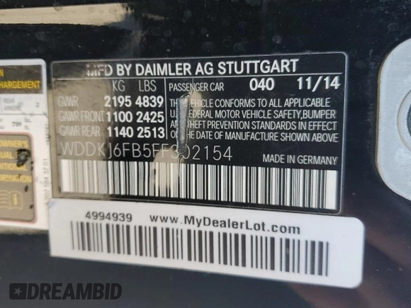 2015 Mercedes-Benz E 400 with VIN WDDKJ6FB5FF302154, listed as a Copart auction lot 49863275 with 165,582 mi miles and Clean title. Bid and sale history available at DreamBid. Image 12.