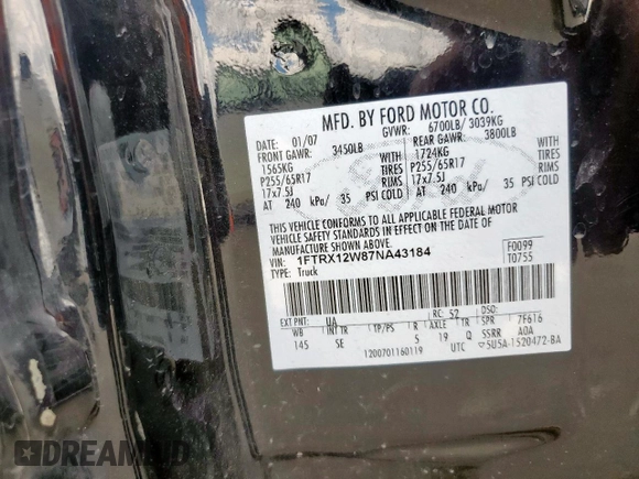 2007 Ford F-150 STX с VIN 1FTRX12W87NA43184, выставлен на аукционе Copart как лот 62112925 с пробегом 210 369 миль миль и Списание • Salvage title. История ставок и продаж доступна на DreamBid. Изображение 13.