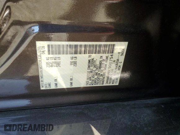 2016 Nissan Maxima SL with VIN 1N4AA6AP4GC900754, listed as a Copart auction lot 60664465 with 72,218 mi miles and Salvage title. Bid and sale history available at DreamBid. Image 12.