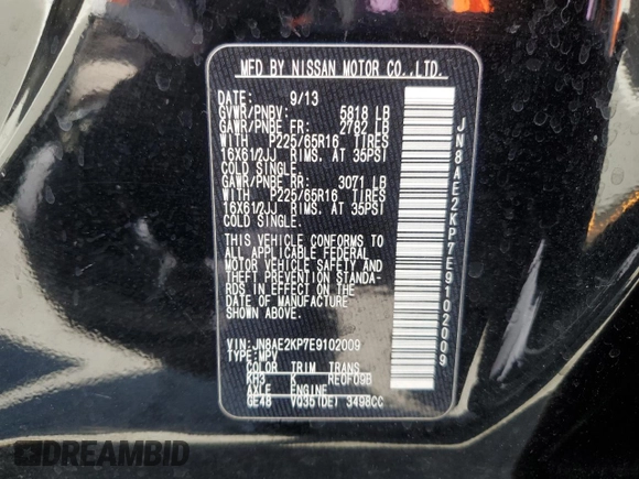 2014 Nissan Quest S with VIN JN8AE2KP7E9102009, listed as a Copart auction lot 52460355 with 153,947 mi miles and Salvage Title. Bid and sale history available at carsss.com. Image 14.