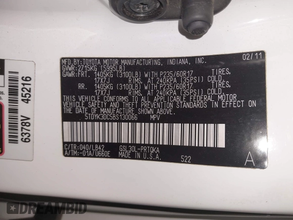2011 Toyota Sienna XLE AAS with VIN 5TDYK3DC5BS130066, listed as a IAAI auction lot 41294340 with 156,591 mi miles and . Bid and sale history available at DreamBid. Image 9.