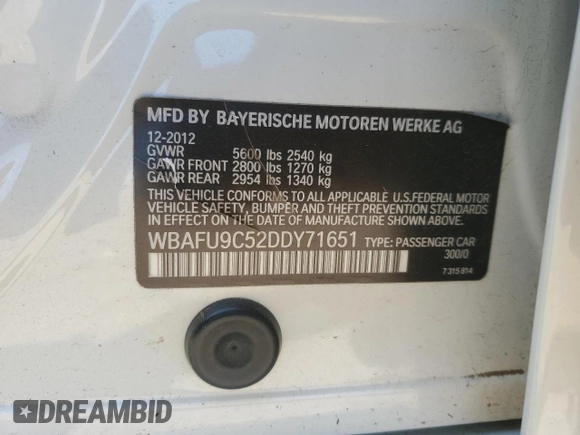 2013 BMW 5 Series 550i xDrive with VIN WBAFU9C52DDY71651, listed as a Copart auction lot 52156465 with 144,211 mi miles and Salvage title. Bid and sale history available at DreamBid. Image 14.