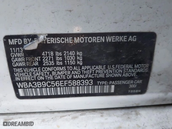 2014 BMW 3 Series 335i xDrive with VIN WBA3B9C56EF588393, listed as a IAAI auction lot 41383156 with 177,143 mi miles. Bid and sale history available at carsss.com. Image 9.