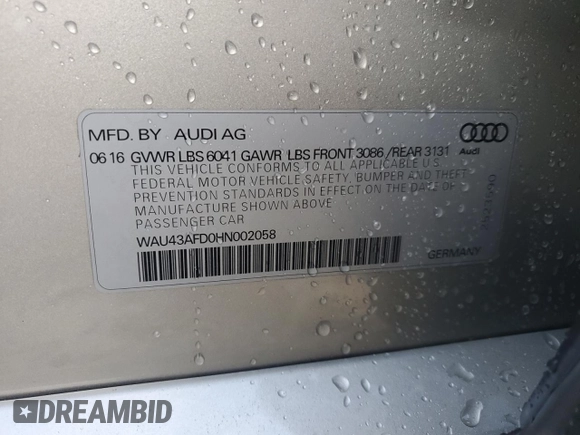 2017 Audi A8 Sport with VIN WAU43AFD0HN002058, listed as a Copart auction lot 53180585 with 95,436 mi miles and Salvage title. Bid and sale history available at DreamBid. Image 12.