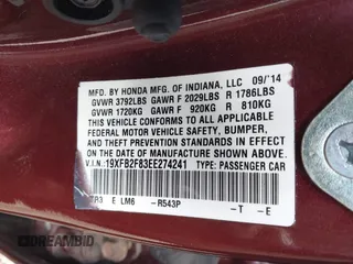 2014 Honda Civic EX with VIN 19XFB2F83EE274241, listed as a IAAI auction lot 40603667 with 110,067 mi miles. Bid and sale history available at carsss.com. Image 9.