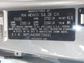 2024 Kia Forte LXS with VIN 3KPF24AD8RE726691, listed as a IAAI auction lot 42026037 with 27,816 mi miles and . Bid and sale history available at DreamBid. Image 9.