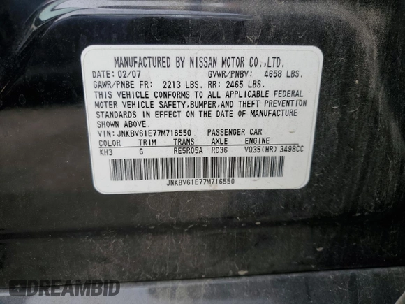 2007 Infiniti G35 Journey with VIN JNKBV61E77M716550, listed as a Copart auction lot 49495765 with 159,665 mi miles and Salvage Title. Bid and sale history available at DreamBid. Image 14.