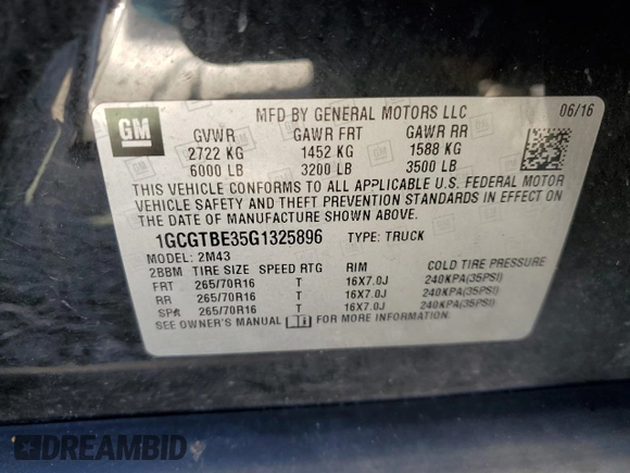 2016 Chevrolet Colorado 4WD WT with VIN 1GCGTBE35G1325896, listed as a Copart auction lot 66764884 with 140,390 mi miles and Salvage Title. Bid and sale history available at carsss.com. Image 14.