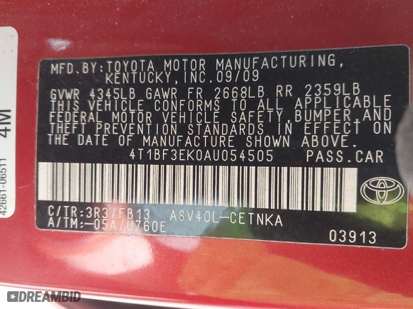 2010 Toyota Camry with VIN 4T1BF3EK0AU054505, listed as a IAAI auction lot 41771282 with 230,968 mi miles. Bid and sale history available at carsss.com. Image 9.