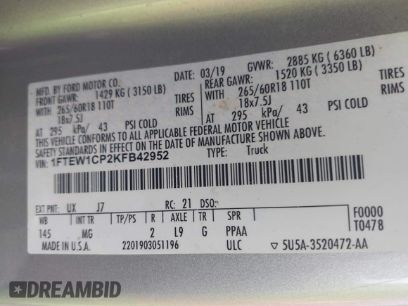 2019 Ford F-150 XL with VIN 1FTEW1CP2KFB42952, listed as a IAAI auction lot 41939615 with Not provided miles and . Bid and sale history available at DreamBid. Image 9.