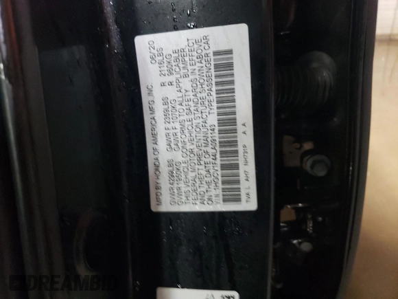 2020 Honda Accord EX with VIN 1HGCV1F44LA091143, listed as a Copart auction lot 47574515 with 66,397 mi miles and Salvage title. Bid and sale history available at DreamBid. Image 12.