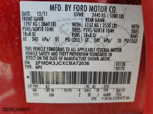 2012 Ford Edge SEL with VIN 2FMDK3JCXCBA72036, listed as a Copart auction lot 54167315 with 176,891 mi miles and Salvage Title. Bid and sale history available at carsss.com. Image 14.