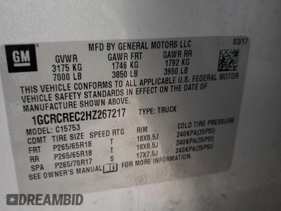 2017 Chevrolet Silverado 1500 LT with VIN 1GCRCREC2HZ267217, listed as a Copart auction lot 51901725 with Not Provided miles and Salvage Title. Bid and sale history available at DreamBid. Image 13.