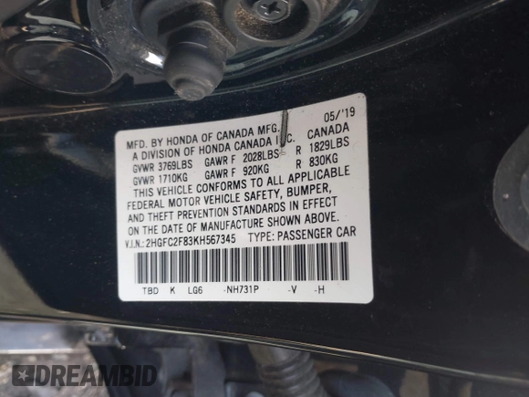 2019 Honda Civic Sport with VIN 2HGFC2F83KH567345, listed as a IAAI auction lot 41353597 with 142,857 mi miles and . Bid and sale history available at DreamBid. Image 9.