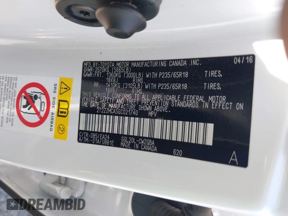 2016 Lexus RX 350 with VIN 2T2ZZMCA5GC021740, listed as a IAAI auction lot 42217887 with 98,562 mi miles and . Bid and sale history available at DreamBid. Image 9.