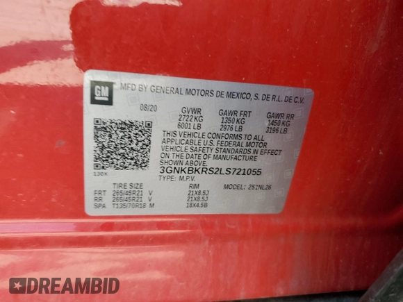 2020 Chevrolet Blazer RS with VIN 3GNKBKRS2LS721055, listed as a Copart auction lot 60691285 with 93,452 mi miles and Salvage title. Bid and sale history available at DreamBid. Image 14.