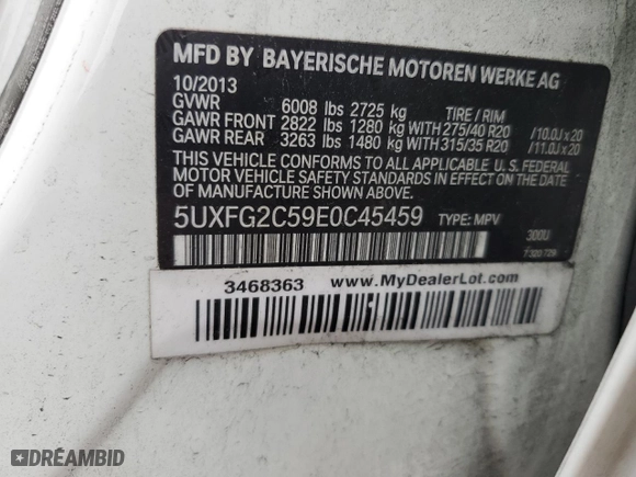 2014 BMW X6 xDrive35i with VIN 5UXFG2C59E0C45459, listed as a Copart auction lot 63804334 with 302,443 mi miles and Salvage Title. Bid and sale history available at carsss.com. Image 13.