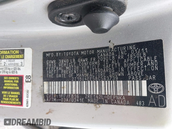 2011 Toyota Corolla L with VIN 2T1BU4EE5BC563739, listed as a IAAI auction lot 42188983 with 192,801 mi miles and . Bid and sale history available at carsss.com. Image 9.