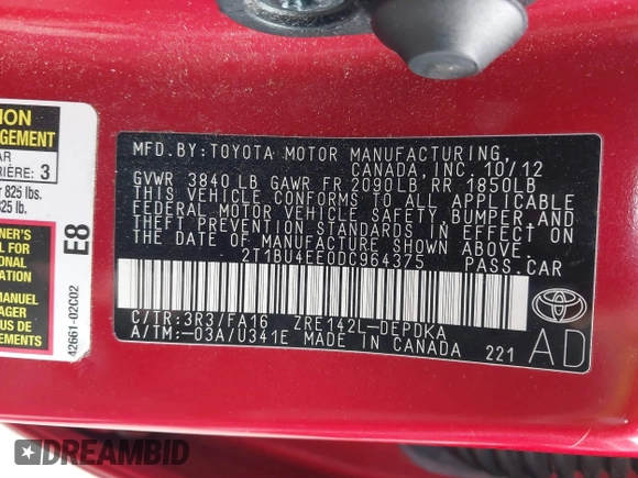 2013 Toyota Corolla L with VIN 2T1BU4EE0DC964375, listed as a IAAI auction lot 41656985 with 131,171 mi miles. Bid and sale history available at carsss.com. Image 9.