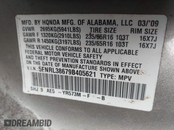 2009 Honda Odyssey EX-L с VIN 5FNRL38679B405621, выставлен на аукционе IAAI как лот 42186852 с пробегом 242 442 миль миль и . История ставок и продаж доступна на DreamBid. Изображение 9.