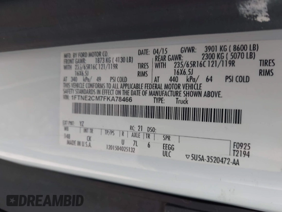 2015 Ford Transit Cargo with VIN 1FTNE2CM7FKA78466, listed as a IAAI auction lot 42074455 with 214,797 mi miles and . Bid and sale history available at carsss.com. Image 9.