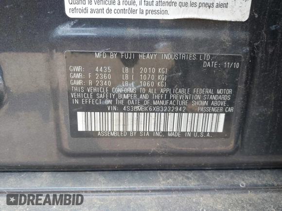 2011 Subaru Legacy Limited Power Moon с VIN 4S3BMBK6XB3232942, выставлен на аукционе IAAI как лот 42441269 с пробегом 213 751 миль миль и . История ставок и продаж доступна на DreamBid. Изображение 9.