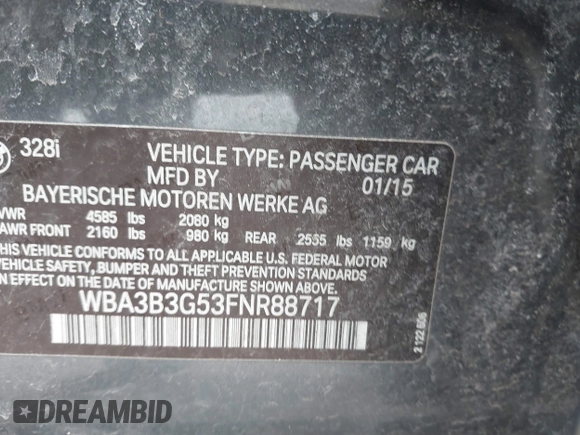 2015 BMW 3 Series 328i xDrive with VIN WBA3B3G53FNR88717, listed as a IAAI auction lot 41941261 with 107,947 mi miles and . Bid and sale history available at DreamBid. Image 9.