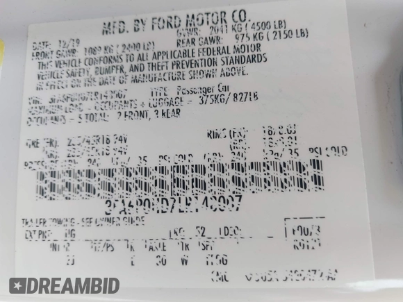 2020 Ford Fusion SE with VIN 3FA6P0HD7LR148007, listed as a IAAI auction lot 42132944 with 63,328 mi miles and . Bid and sale history available at DreamBid. Image 9.