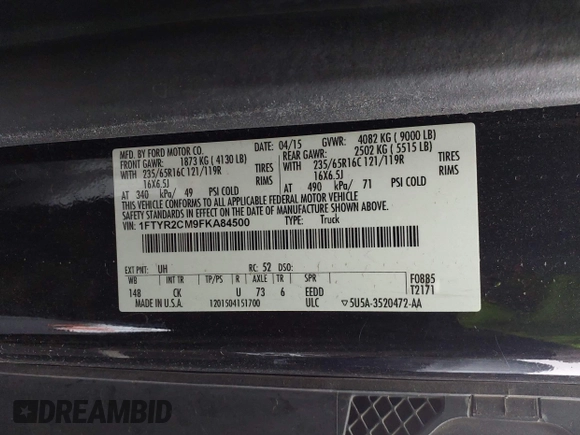 2015 Ford Transit Cargo with VIN 1FTYR2CM9FKA84500, listed as a IAAI auction lot 42646664 with 106,337 mi miles and . Bid and sale history available at DreamBid. Image 9.