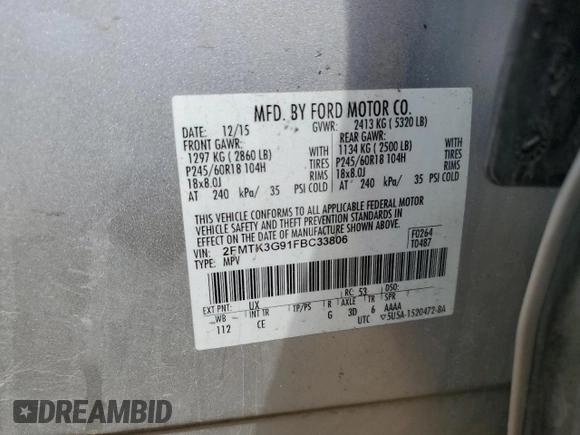 2015 Ford Edge SE with VIN 2FMTK3G91FBC33806, listed as a Copart auction lot 57439135 with Not provided miles and Salvage title. Bid and sale history available at DreamBid. Image 13.