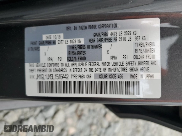 2020 Mazda 6 Sport with VIN JM1GL1UM3L1516442, listed as a Copart auction lot 43946845 with 78,616 mi miles and Salvage Title. Bid and sale history available at DreamBid. Image 14.