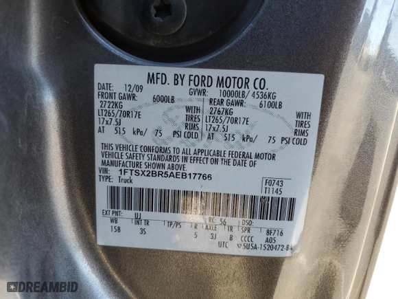 2010 Ford Super Duty F-250 SRW XL with VIN 1FTSX2BR5AEB17766, listed as a Copart auction lot 87944245 with 0 mi miles and Non Repairable. Bid and sale history available at carsss.com. Image 13.