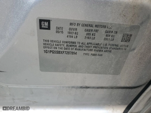 2015 Chevrolet Cruze LTZ with VIN 1G1PG5SBXF7287894, listed as a Copart auction lot 55396624 with 0 mi miles and Salvage Title. Bid and sale history available at carsss.com. Image 12.