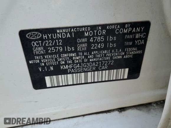 2013 Hyundai Azera with VIN KMHFG4JG3DA217272, listed as a Copart auction lot 62233965 with 155,100 mi miles and Salvage title. Bid and sale history available at DreamBid. Image 12.