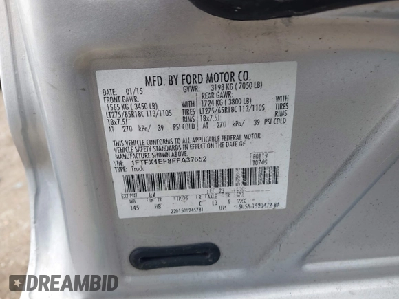 2015 Ford F-150 XLT with VIN 1FTFX1EF8FFA37652, listed as a IAAI auction lot 41514493 with 91,415 mi miles and . Bid and sale history available at DreamBid. Image 9.
