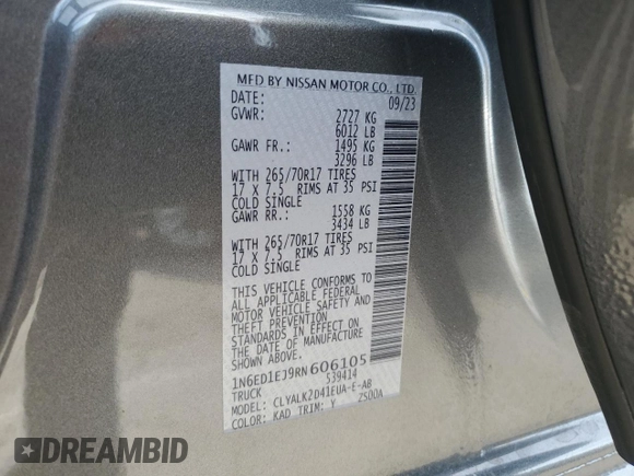 2024 Nissan Frontier Pro-X z VIN 1N6ED1EJ9RN606105, wystawiony jako Copart lot #83247314 z przebiegiem 4 296 mil mil oraz Szkoda całkowita • Salvage title. Historia ofert i sprzedaży dostępna na DreamBid. Obrazek 14.