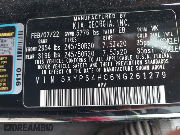 2022 Kia Telluride S with VIN 5XYP64HC6NG261279, listed as a IAAI auction lot 42240640 with 89,317 mi miles and . Bid and sale history available at DreamBid. Image 9.