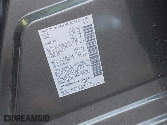 2014 Nissan Pathfinder Platinum with VIN 5N1AR2MM6EC604107, listed as a IAAI auction lot 41596835 with 110,125 mi miles and . Bid and sale history available at DreamBid. Image 9.