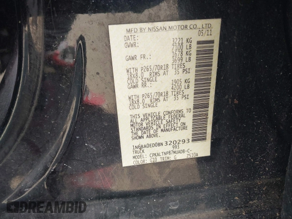 2011 Nissan Titan SV with VIN 1N6BA0ED0BN320293, listed as a IAAI auction lot 41670130 with 229,776 mi miles and . Bid and sale history available at DreamBid. Image 9.