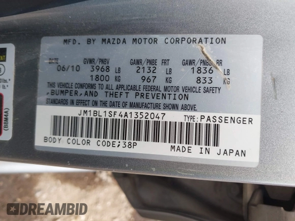 2010 Mazda 3 i Sport with VIN JM1BL1SF4A1352047, listed as a IAAI auction lot 42235600 with 122,087 mi miles and . Bid and sale history available at DreamBid. Image 9.