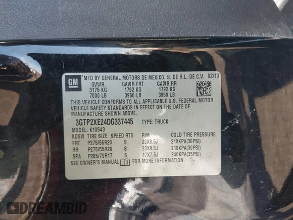 2013 GMC Sierra 1500 Denali z VIN 3GTP2XE24DG337445, wystawiony jako IAAI lot #41666850 z przebiegiem 177 092 mil mil oraz . Historia ofert i sprzedaży dostępna na DreamBid. Obrazek 9.