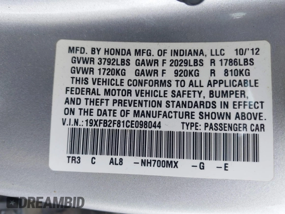 2012 Honda Civic EX with VIN 19XFB2F81CE098044, listed as a IAAI auction lot 42064121 with 147,628 mi miles and . Bid and sale history available at DreamBid. Image 9.