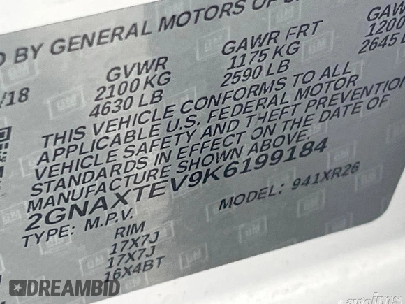2019 Chevrolet Equinox LT z VIN 2GNAXTEV9K6199184, wystawiony jako IAAI lot #42545110 z przebiegiem 56 143 mil mil oraz . Historia ofert i sprzedaży dostępna na DreamBid. Obrazek 6.