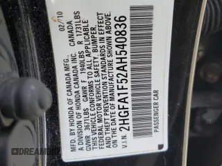 2010 Honda Civic LX with VIN 2HGFA1F52AH540836, listed as a Copart auction lot 55409495 with 117,035 mi miles and Salvage Title. Bid and sale history available at DreamBid. Image 12.